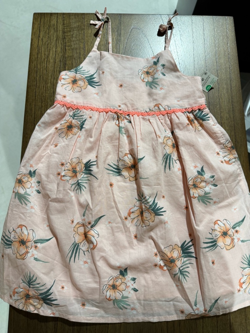 Girls' Pink Floral Sundress with Tie Straps 4T